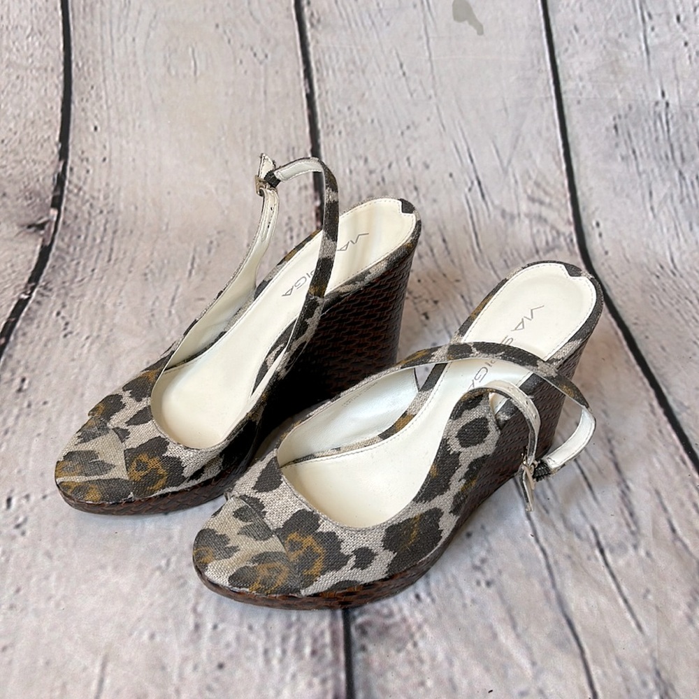 Via Spiga Brown Leopard Linen Leather Lining Slingback Wedge Sandals Size 6.5